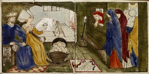 Un ensemble de seize carreaux disposés par paires pour former huit illustrations du conte 